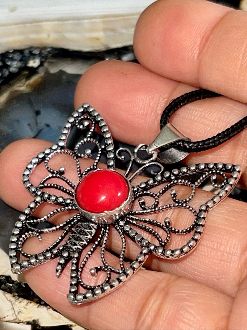 Dainty Butterfly Red Coral Crystal Pendant 1 7/8”